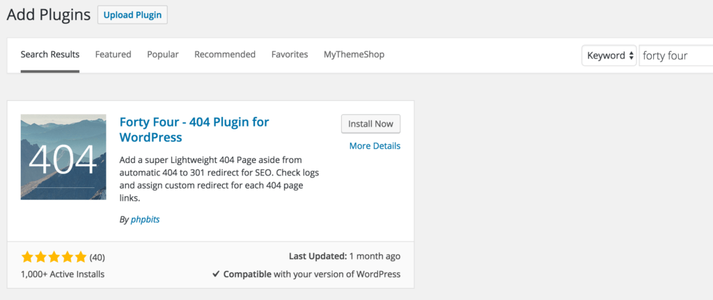 Install Forty Four 404 WordPress plugin